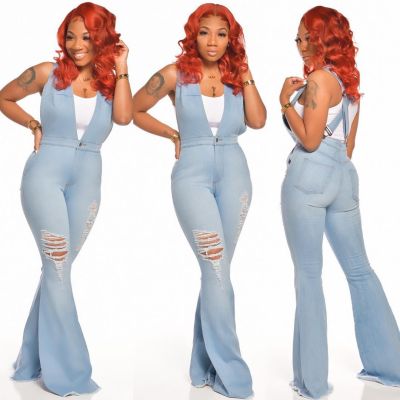 Fashion Solid Color Hole Denim Flared Pants Skinny Jumppsuit  SMR9627