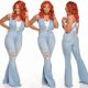 Fashion Solid Color Hole Denim Flared Pants Skinny Jumppsuit  SMR9627