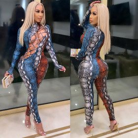 Sexy Printed Hollow Out Lace-Up Round Neck Long Sleeves Skinny Jumpsuit CY1298