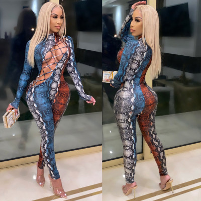 Sexy Printed Hollow Out Lace-Up Round Neck Long Sleeves Skinny Jumpsuit CY1298