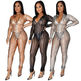 Sexy Hollow Out Zipper V-Neck Long Sleeves Skinny Jumpsuit MA6638