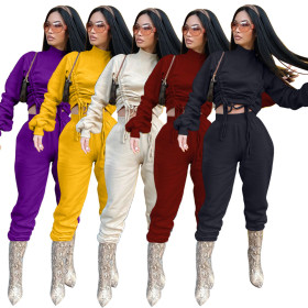 Autumn Solid Color High Collar Long Sleeves Drawstring Mini Top With Trousers Two Piece Sets WYM2028