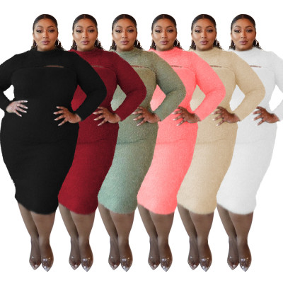 Plus Size Solid Color Hollow Out Round Neck Long Sleeves Midi Sweater Dress  CY1434