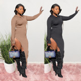 Fashion Solid Color Long Sleeves Zipper High Split Hooded Midi Dress S6260