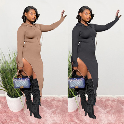 Fashion Solid Color Long Sleeves Zipper High Split Hooded Midi Dress S6260