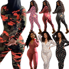 Fashion Striped Stitching Button V-Neck Long Sleeves Jumpsuit Q760