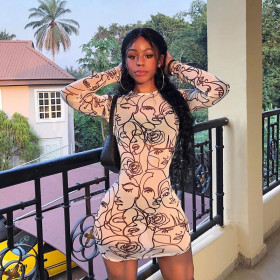 Sexy Perspective Printed Round Neck Long Sleeves Mini Bodycon Dress  D1736349