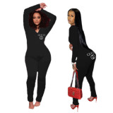 Sexy Printed Zipper V-Neck Long Sleeves Skinny Jumpsuit AMM8833