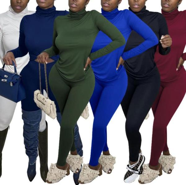 Casual High Collar Long Sleeves Top With Trousers Two Piece Sets WMZ2605