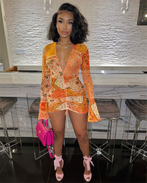 European and American women's sexy tight-fitting mesh printed deep V dress cross-border women's clot