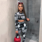 Sexy Mesh Printed Round Neck Long Sleeves Cropped Top With Trousers Two Pieces Sets S0B3882W