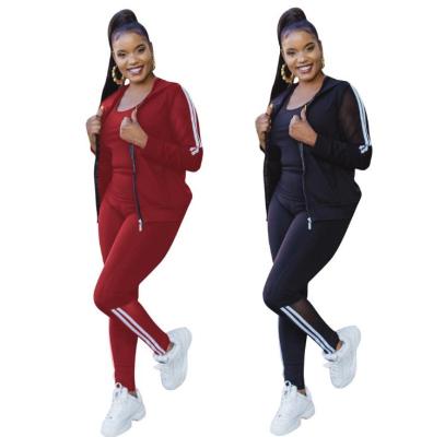 Casual Mesh Stitching Vest Hooded Cardigan With Trousers Three Piece Sets P8544