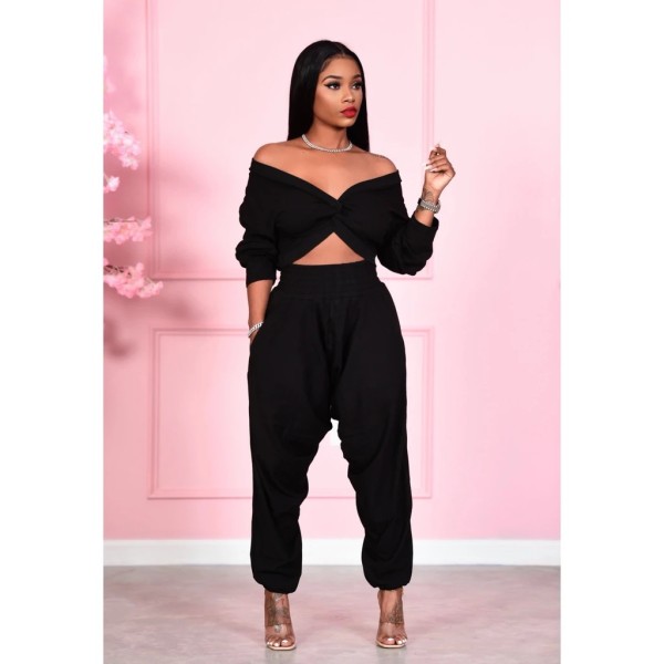 Fashion V-Neck Long Sleeves Cropped Top With Wide Leg Pants Two Pieces Sets T282