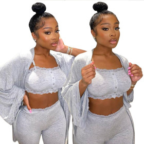 Home Wear Casual Suspenders Vest Trousers With Midi Coat Lace Stitching Three Pieces Sets K9795