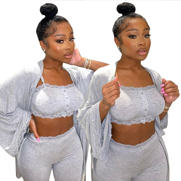 Home Wear Casual Suspenders Vest Trousers With Midi Coat Lace Stitching Three Pieces Sets K9795