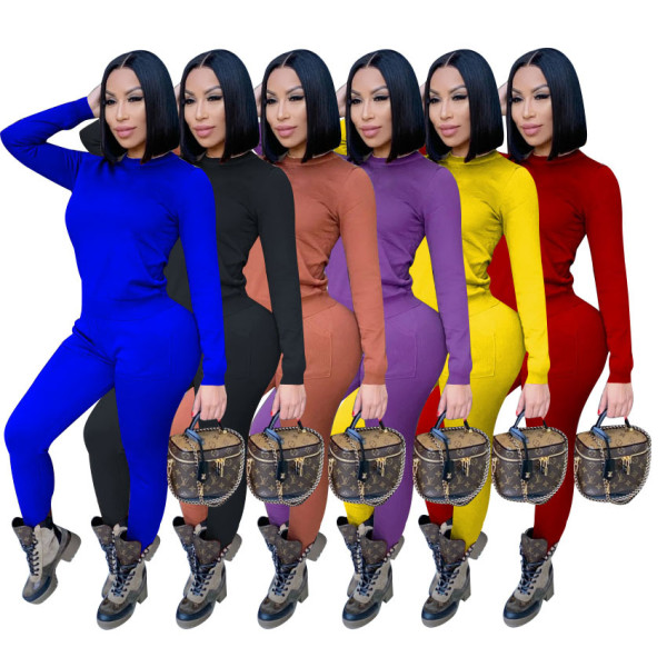 Autumn Solid Color Round Neck Long Sleeves Top With Trousers Two Piece Sets BS1235
