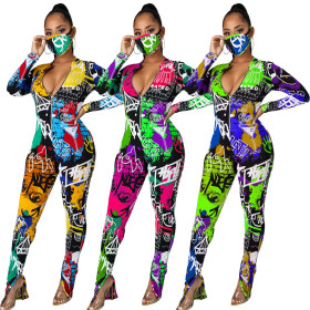Fashion Pattern Printed Zipper V-Neck Long Sleeves Skinny Jumpsuit HHM6359