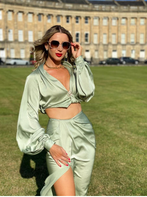 Womens satin long-sleeved blouse split long skirt two-piece suit women SUM2485