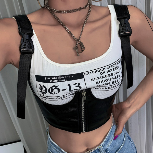 Sexy PU Leather Letter Printed Short Vest T1734491