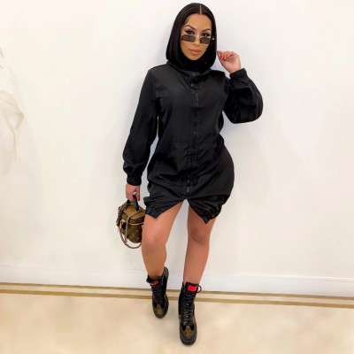 Womens Fashion Casual Solid Color Zipper Pocket High Neck Loose All-match Long Sleeve Jacket Dress S