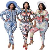 Casual Camouflage Flower Printed Zipper Long Sleeves Cardigan With Trousers Plus Size Two Piece Sets