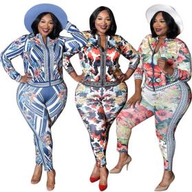 Casual Camouflage Flower Printed Zipper Long Sleeves Cardigan With Trousers Plus Size Two Piece Sets
