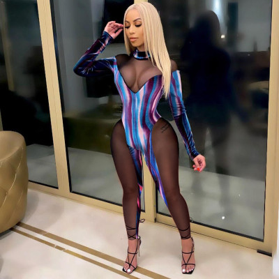 Sexy Velvet Mesh Stitching Tie Dye High Collar Long Sleeves Jumpsuit DN8570