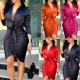 Womens Lapel Pleated Long Sleeve Slim Sexy Wrapped Hip Dress HC746