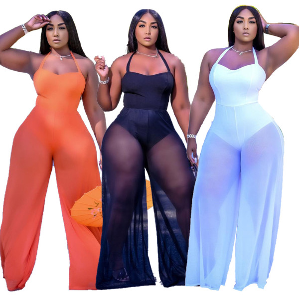Womens sexy mesh double-layer halterneck lace-up wide-leg jumpsuit XYI9091