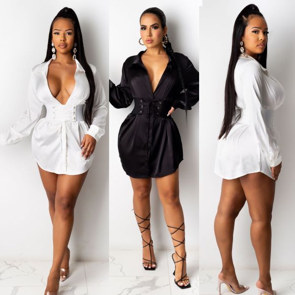 Sexy Solid Color Strappy Long Sleeves Mini Shirt Dress FS3629
