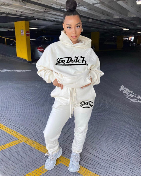 Casual Letter Printed Long Sleeves Hooded Sweater With Drawstring Trousers Two Pieces Sets YX9265