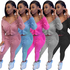 Fashion Velvet Zipper Long Sleeves Hooded Cardigan With Trousers Two Piece Sets MN8328-2