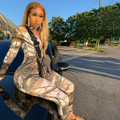 Fashion Trees Printed Zipper V-Neck Long Sleeves Skinny Jumpsuit A20632J