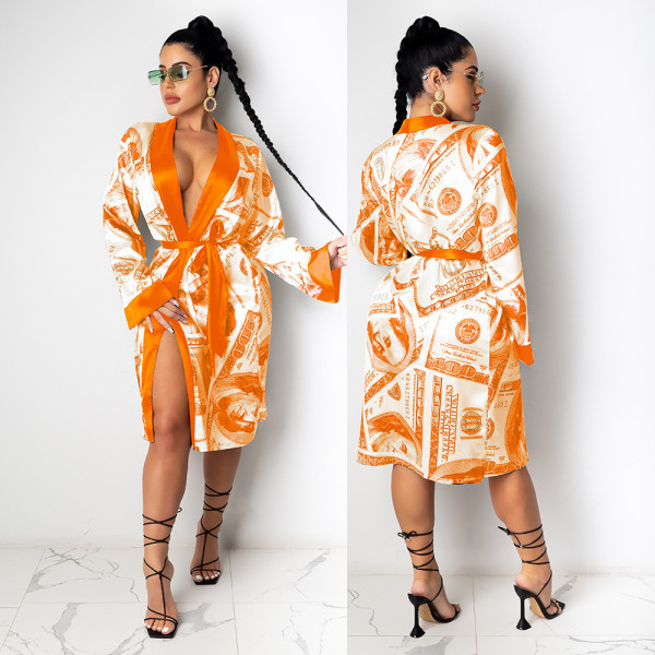 Sexy Printed Long Sleeves Lace-Up Cardigan Midi Jacket KA7139