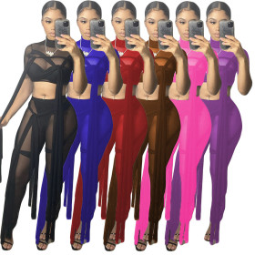 Womens sexy mesh see-through bandage solid color short-sleeved two-piece suit CN0108