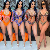Sexy bikini mesh leopard print three-point sling three-piece set XZ5067