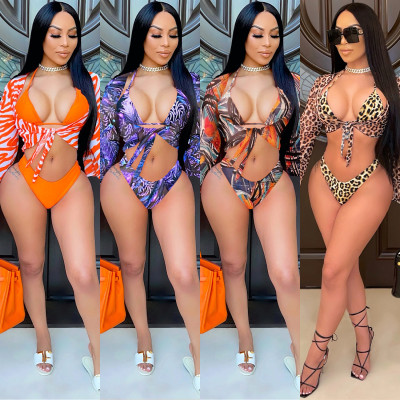 Sexy bikini mesh leopard print three-point sling three-piece set XZ5067