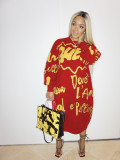 Casual Letter Printed Round Neck Long Sleeves Loose Midi Dress ALS136-2