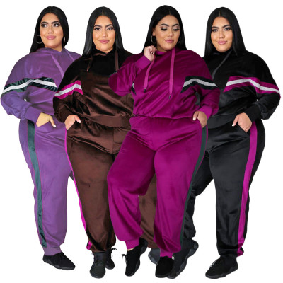Casual Velvet Stitching Long Sleeves Hooded Sweater With Trousers Plus Size Two Piece Sets ONY5067