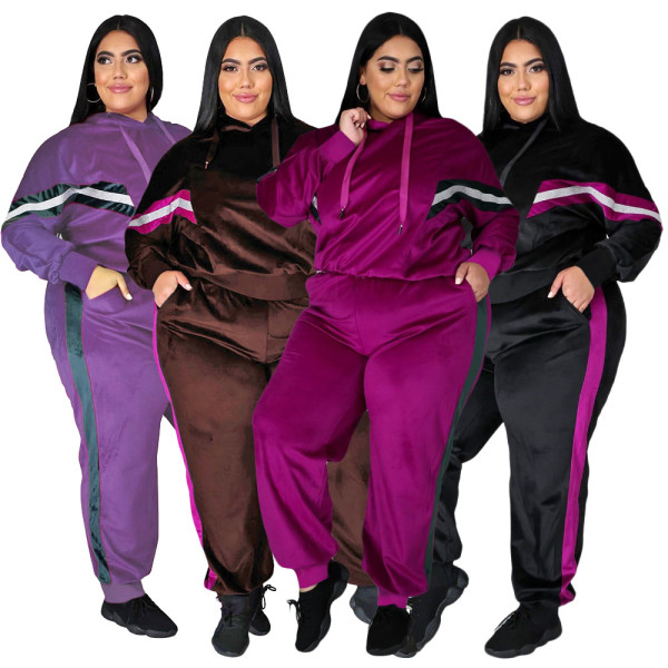 Casual Velvet Stitching Long Sleeves Hooded Sweater With Trousers Plus Size Two Piece Sets ONY5067