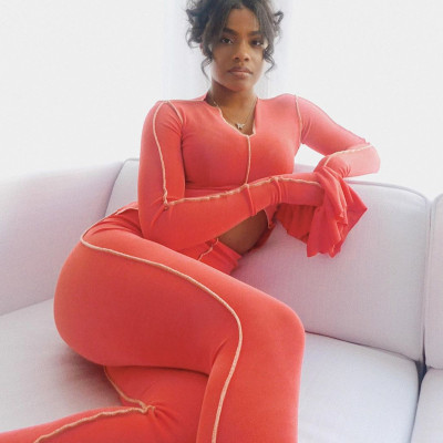 Sexy Solid Color V-Neck Long Sleeves Cropped Top With Trousers Two Piece Sets S072629W