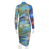 Sexy Tie Dye Printed Zipper V-Neck Long Sleeves Pleated Midi Skinny Dress FRT472
