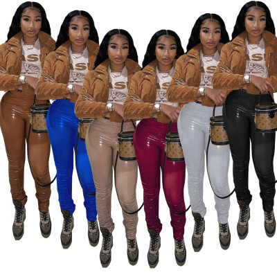PU leather pants, high elastic stacking leggings, leather pants QZ6120