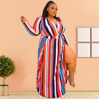 Fashion Striped Printed V-Neck Long Sleeves Split Plus Size Long Dress OSS20942