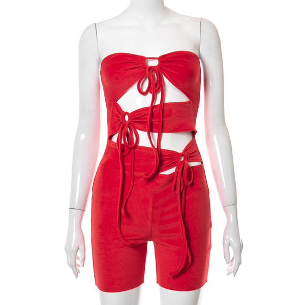 Stitching solid color sleeveless backless lace-up slim-fit shorts jumpsuit M21RP193