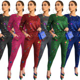 Fashion Printed Round Neck Long Sleeves Top With Drawstring Trousers Two Piece Sets WY6730