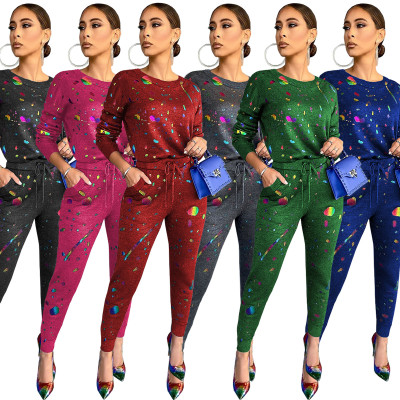 Fashion Printed Round Neck Long Sleeves Top With Drawstring Trousers Two Piece Sets WY6730