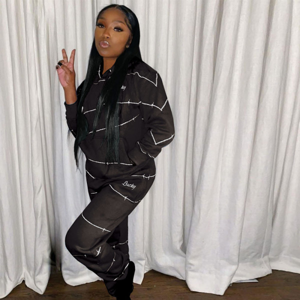 Casual Striped Long Sleeves Hooded Sweater With Trousers Two Piece Sets JP1015
