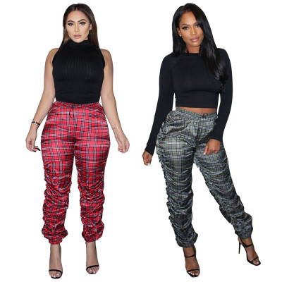 Fashion Plaid Printed Drawstring Stack Long Pants K9809