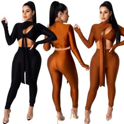 Sexy Hollow Out Round Neck Long Sleeves Cropped Top With Trousers Two Piece Sets S6248